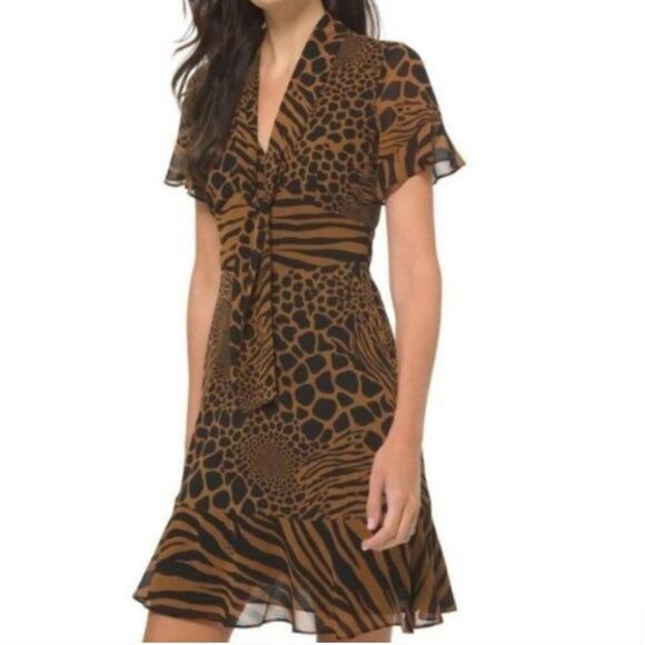 MICHAEL KORS NWT Ruffle Flounce Animal Print Caramel Tie Neck Dress - Small - Picture 1 of 13
